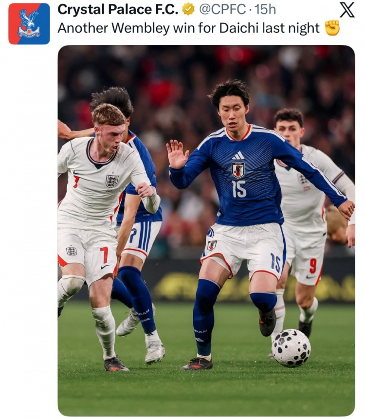 开云体育-水晶宫官推晒镰田大地比赛照：昨晚大地再一次在温布利取得胜利